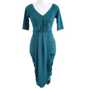 VOODOO VIXEN GEORGINE EMERALD RUCHED FAUX WRAP V-NECK BODYCON DRESS - XS
